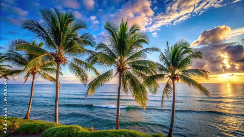 Serene ocean view with palm trees swaying in the breeze, serene, ocean, view, palm trees, swaying, breeze, tranquil Serene ocean view with palm trees swaying in the breeze, serene, ocean, view, palm trees, swaying, breeze, tranquil