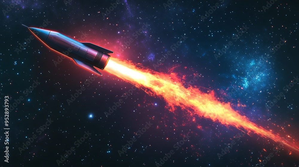 Rocket Launch with Fiery Trail in a Starry Sky Rocket Launch with Fiery Trail in a Starry Sky