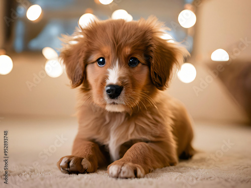 golden retriever puppy with christmas tree photo