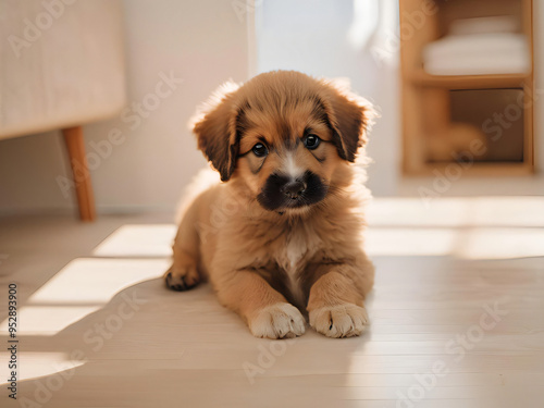 golden retriever puppy sitting on the floor photo