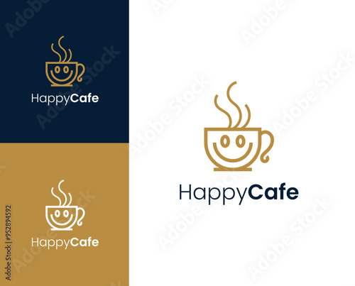 Happy cafe logo. Smile with cup element logo design illustration.