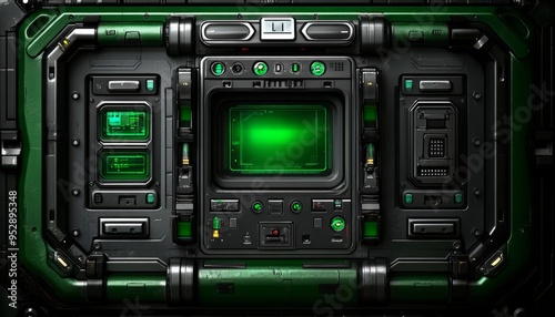 Fototapeta Naklejka Na Ścianę i Meble -  Futuristic Control Panel with Green Lights and Displays