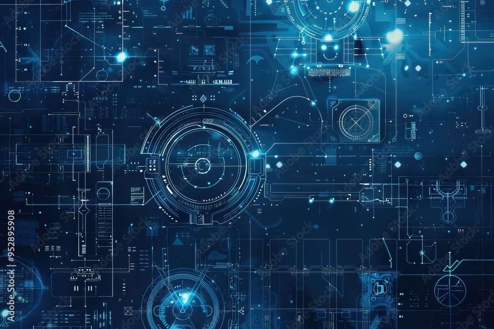 Futuristic blue digital interface with HUD elements and technical diagrams Futuristic blue digital interface with HUD elements and technical diagrams