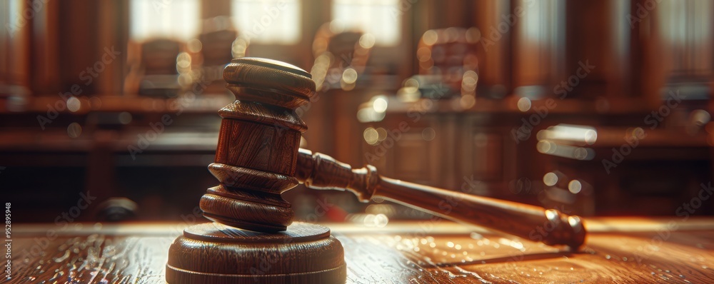 Close-up of a detailed judge's gavel on a table, symbolizing justice in a dimly lit courtroom. Free copy space for banner. Close-up of a detailed judge's gavel on a table, symbolizing justice in a dimly lit courtroom. Free copy space for banner.