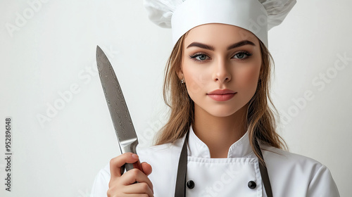 Portrait of a young woman chef cook holding knife isolated on a white background4 photo