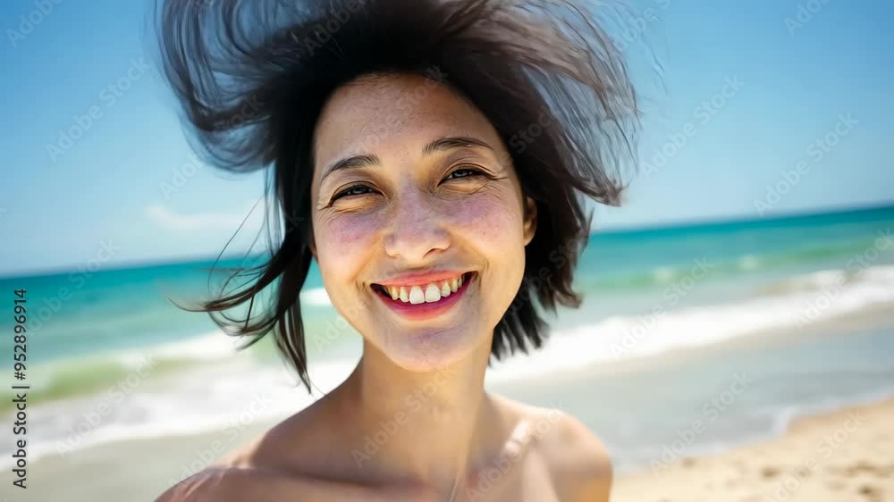 A carefree young woman smiles brightly at the beach, her hair dancing in the sea breeze. The sun shines down, and the waves gently lap at the shore, creating an idyllic summer atmosphere