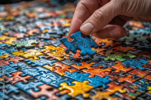 An artist arranging mismatched jigsaw puzzle pieces to form a coherent image, representing unconventional thinking and persistence. Concept of artistic problem-solving and creativity.