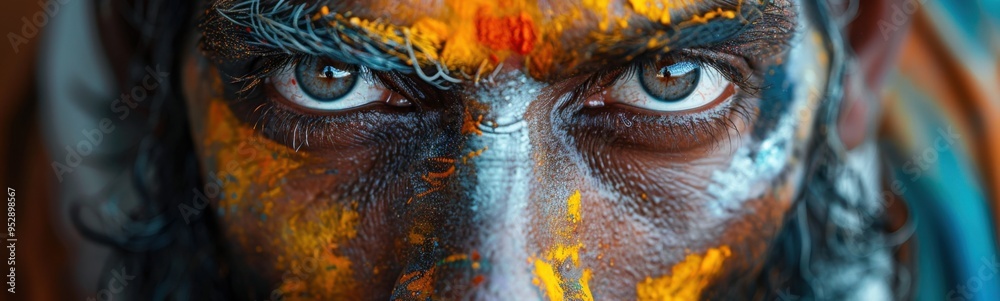 Close up of a person with paint on their face, holi holiday , banner Close up of a person with paint on their face, holi holiday , banner