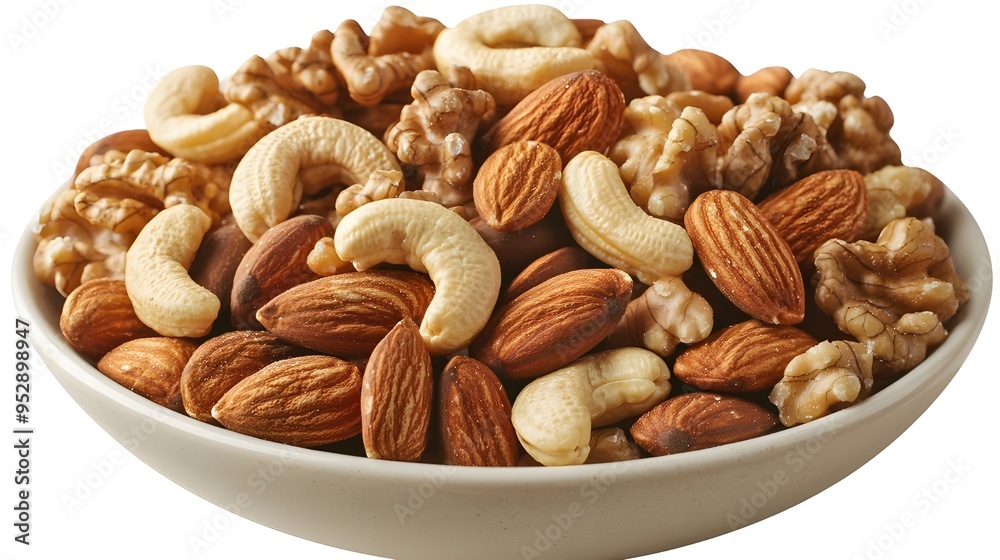 A bowl of mixed nuts, including almonds, cashews, and walnuts, arranged neatly and shown against a white background. The nuts are depicted in a clear and straightforward manner. A bowl of mixed nuts, including almonds, cashews, and walnuts, arranged neatly and shown against a white background. The nuts are depicted in a clear and straightforward manner.