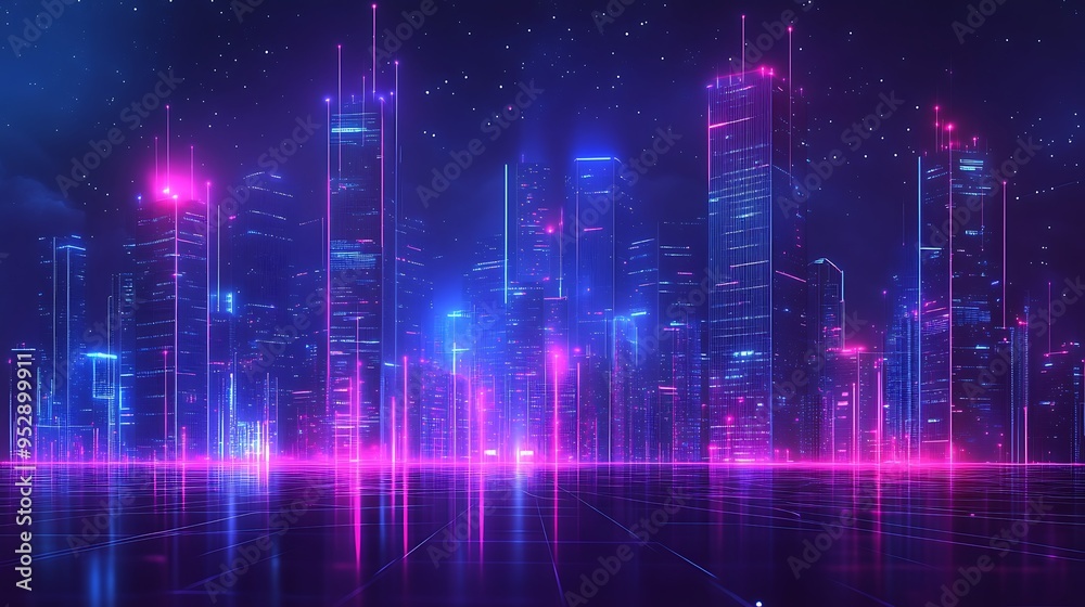 Neon Cityscape with Pink and Blue Lights