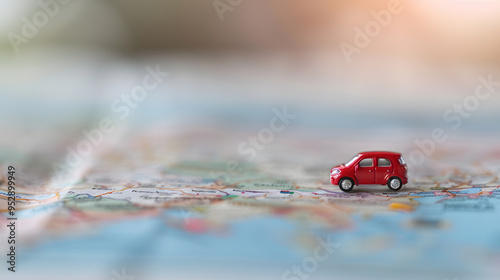 Red Car Miniature on a Big Paper Map | Travel Planning and Adventure Exploration on a Tabletop