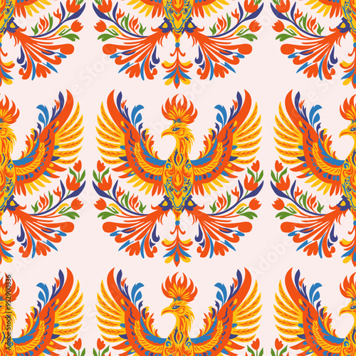 Vector seamless pattern with bright folk firebirds