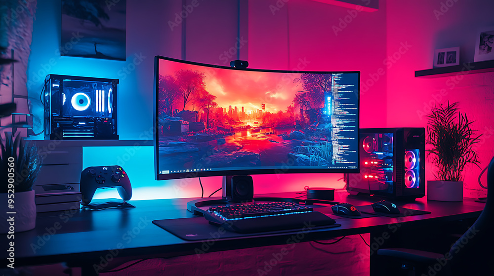 A computer gaming setup with a large monitor, keyboard, and mouse A computer gaming setup with a large monitor, keyboard, and mouse