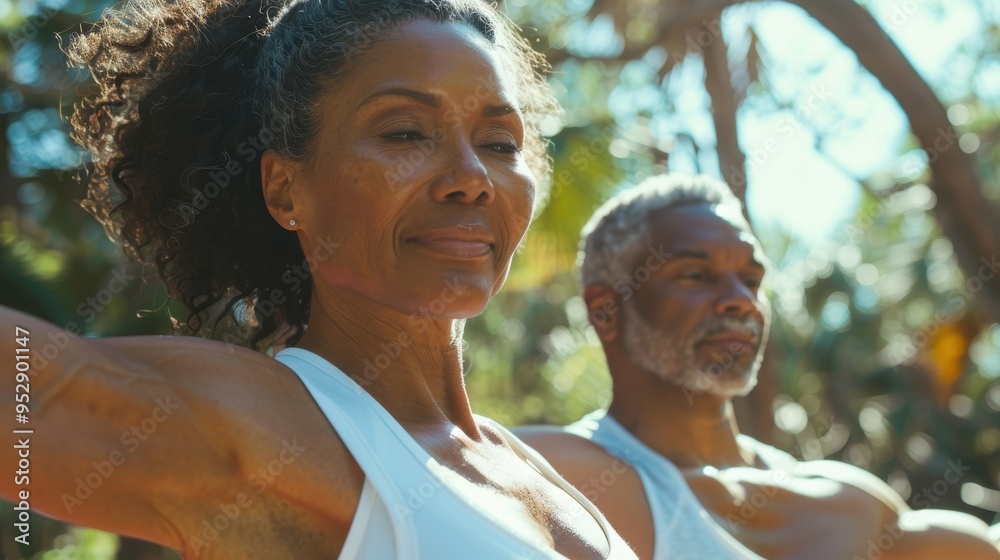 Elderly individuals engaging in outdoor exercise and maintaining a healthy lifestyle, demonstrating warrior pose while practicing yoga in a natural setting on a bright day Elderly individuals engaging in outdoor exercise and maintaining a healthy lifestyle, demonstrating warrior pose while practicing yoga in a natural setting on a bright day