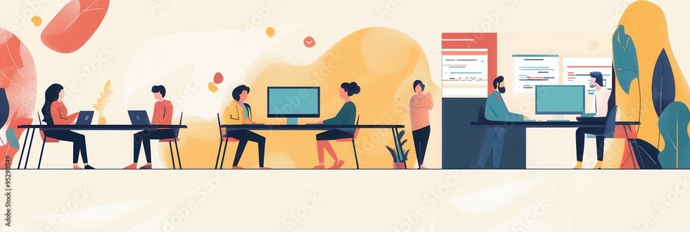A diverse group of individuals work together at desks in a bright office space, focused on their computer screens throughout the day. Generative AI A diverse group of individuals work together at desks in a bright office space, focused on their computer screens throughout the day. Generative AI