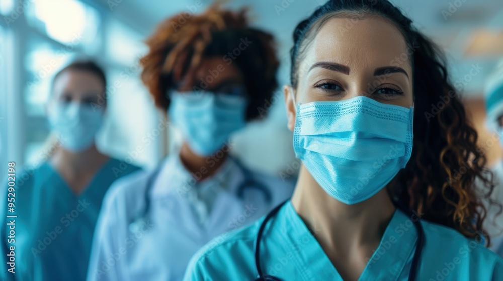 Healthcare professionals collaborating in a medical setting, focusing on teamwork, wellness, and patient care with protective gear Healthcare professionals collaborating in a medical setting, focusing on teamwork, wellness, and patient care with protective gear