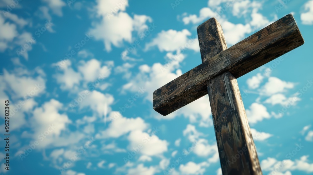 Low-angle view of a wooden cross statue against a blue sky, symbolizing faith, spirituality, and peace in Christian prayer and belief Low-angle view of a wooden cross statue against a blue sky, symbolizing faith, spirituality, and peace in Christian prayer and belief
