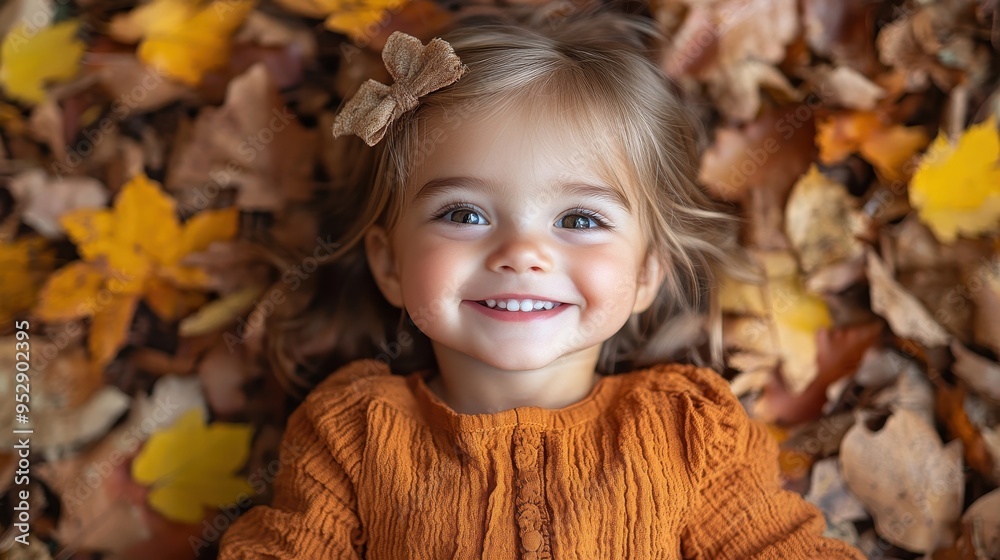 Smiling, Happy Toddler Girl Lying on Autumn Leaves Wearing an Orange Dress – Top-Down View
Smiling, Happy Toddler Girl Lying on Autumn Leaves Wearing an Orange Dress – Top-Down View