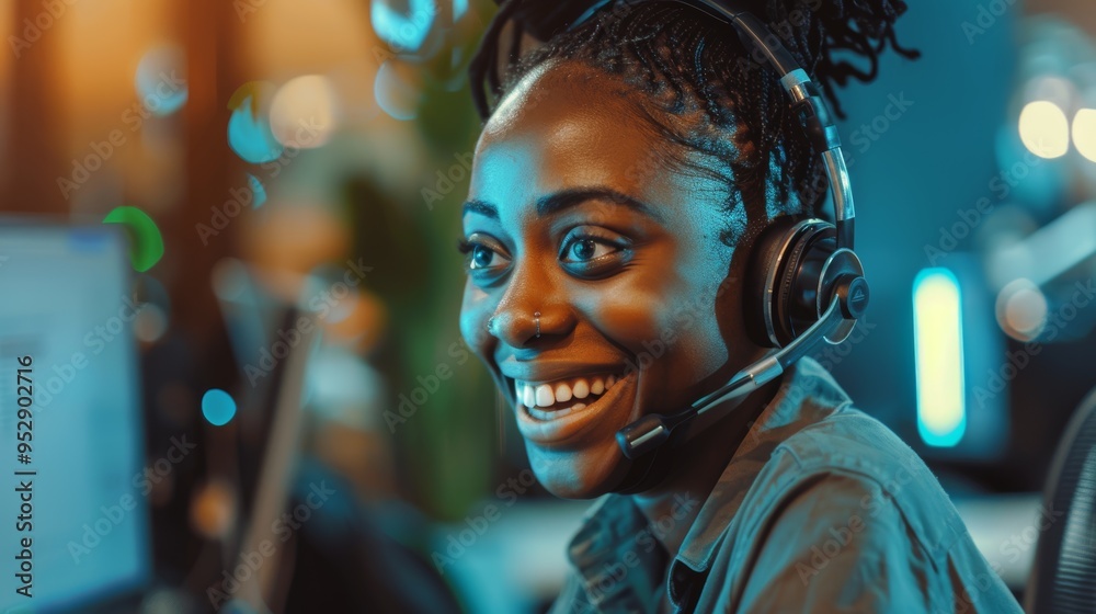 Telemarketing consultant with a smile, providing customer service over the phone or internet, wearing headphones while assisting clients Telemarketing consultant with a smile, providing customer service over the phone or internet, wearing headphones while assisting clients