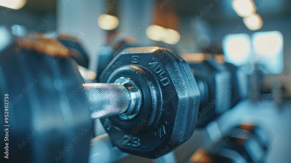 Close-up of a dumbbell and weights for strength training, fitness goals, and muscle building. Emphasizing athletic performance and motivation in a workout setting Close-up of a dumbbell and weights for strength training, fitness goals, and muscle building. Emphasizing athletic performance and motivation in a workout setting