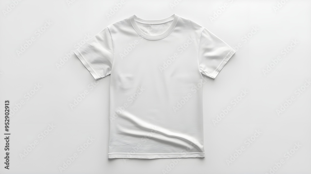 A plain white t-shirt laid flat on a white background, showcasing its simplicity and clean design. A plain white t-shirt laid flat on a white background, showcasing its simplicity and clean design.