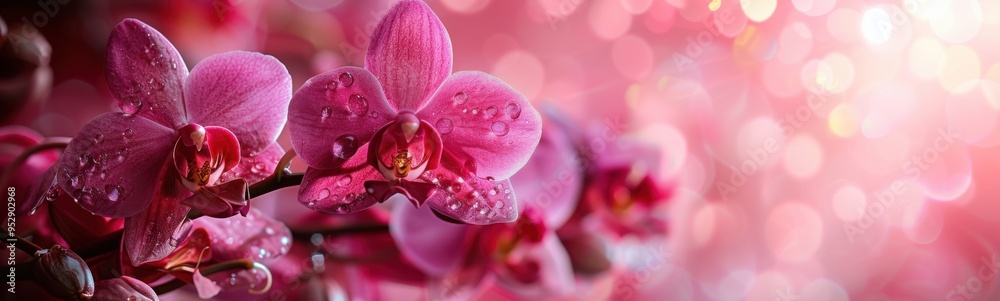 Fototapeta premium Many pink flowers with water droplets on them, plant background, banner, copy space