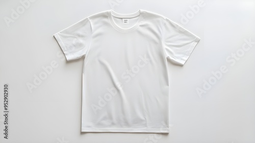 A plain white t-shirt laid flat on a white background, showcasing its simplicity and clean design.