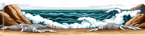 Sea Turtles Crawling on a Rocky Beach with Crashing Waves in a Dramatic Coastal Landscape Illustration