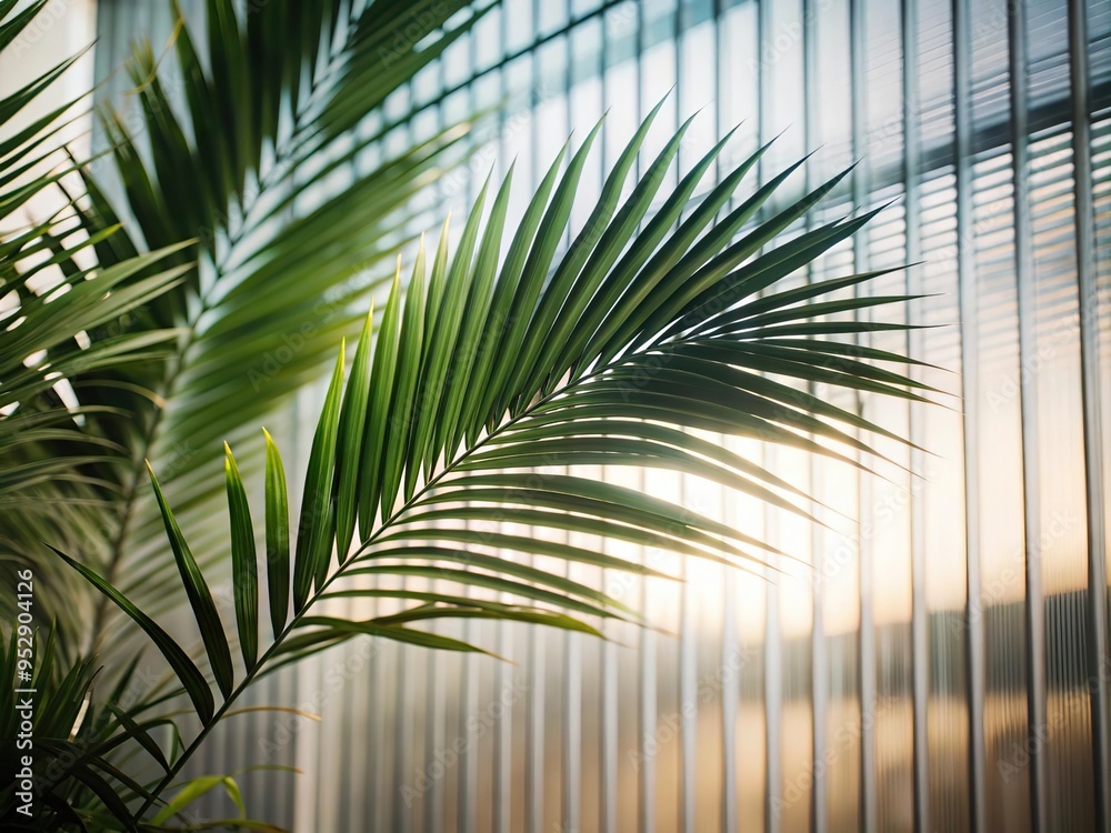 Green palm with reeded glass. Ribbed Background. Plant leaves. White Reeded Glass. Pure aesthetic behind frosted panel for modern beauty illustration. Luxury cosmetic wall with summer decoration. Green palm with reeded glass. Ribbed Background. Plant leaves. White Reeded Glass. Pure aesthetic behind frosted panel for modern beauty illustration. Luxury cosmetic wall with summer decoration.