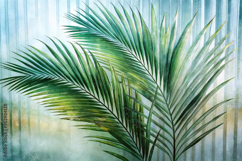 Green palm with reeded glass. Ribbed Background. White Reeded Glass. Plant leaves. Luxury cosmetic wall with summer decoration. Abstract illustration on clean panel for modern beauty design. Green palm with reeded glass. Ribbed Background. White Reeded Glass. Plant leaves. Luxury cosmetic wall with summer decoration. Abstract illustration on clean panel for modern beauty design.