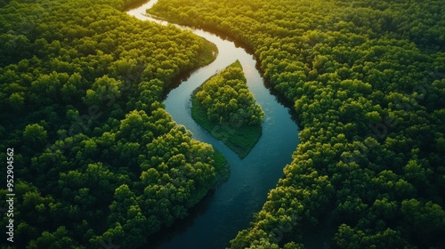 Drone footage of a winding river in a forest, stunning unspoiled environment