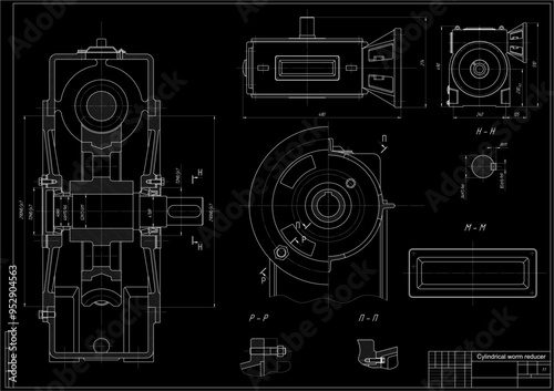 Vector assembly drawing of cylindrical worm reducer. 
Steel mechanical device with shaft, gear, electric engine, 
bolted connection and dimension lines. 
Engineering cad scheme. Technical template.