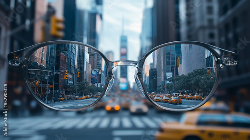 Perspective through glasses showing sharp clear vision of urban and natural scenes with blurred surroundings, emphasizing clarity contrast and reflections in lenses