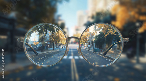 Perspective through glasses showing sharp clear vision of urban and natural scenes with blurred surroundings, emphasizing clarity contrast and reflections in lenses