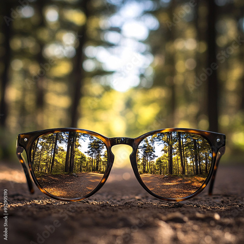 Perspective through glasses showing sharp clear vision of urban and natural scenes with blurred surroundings, emphasizing clarity contrast and reflections in lenses