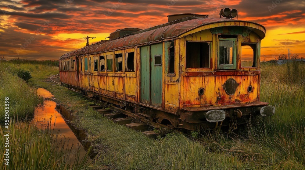 Fototapeta premium Rusty Rails at Sunset: A weathered, abandoned train carriage stands solitary against a fiery sunset, its rusted exterior reflecting the fading light. The scene evokes a sense of forgotten journeys and