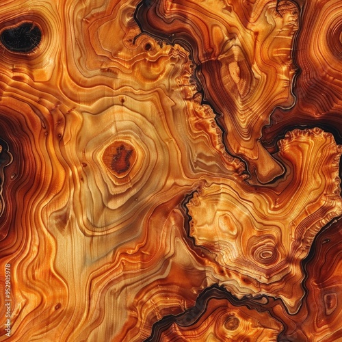 Richly polished redwood burl with deep, complex grain patterns, perfect for luxury furniture accents, luxury wood texture, artistic craftsmanship