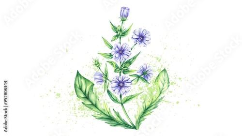 Watercolor branch of chicory flowers on white background. Isolated flowers of chicory plant for video design, holidays, banners. Gradually appear drawn