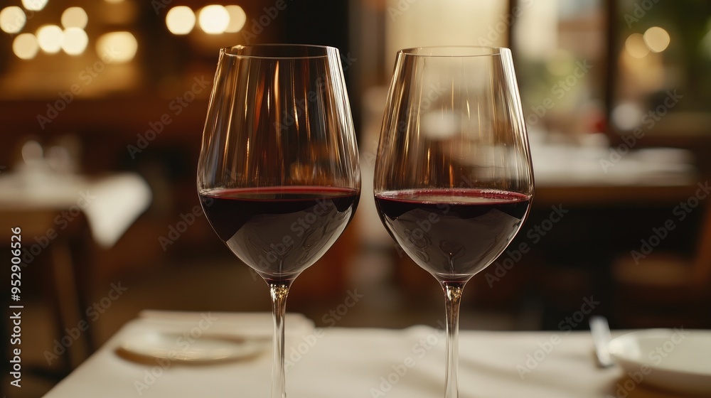 Two red wine glasses in the background of a restaurant Two red wine glasses in the background of a restaurant