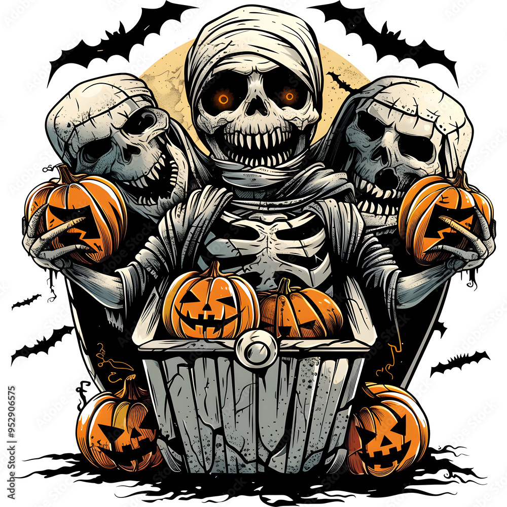 Vector illustration of mummy holding pumpkins in coffin, halloween design for t-shirt print. vector Illustration Vector logo Design.. PNG transparent background Vector illustration of mummy holding pumpkins in coffin, halloween design for t-shirt print. vector Illustration Vector logo Design.. PNG transparent background