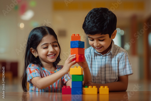 Two Asian Indian children, a girl and a boy, happily playing together while building a tower with colorful blocks in a well-lit room