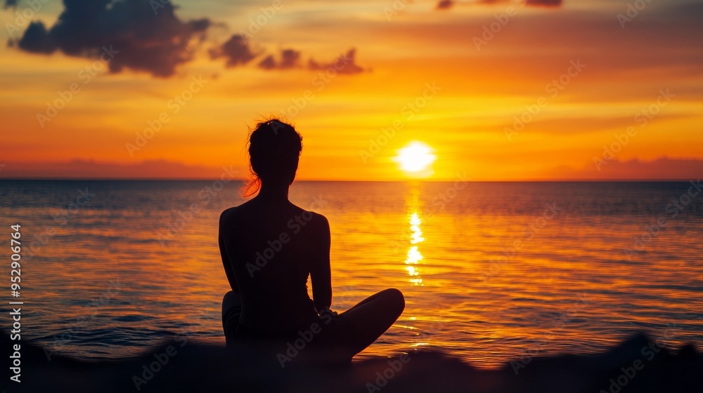 concept of wellbeing, silhouette of a person taking in a stunning sunset and an ocean view concept of wellbeing, silhouette of a person taking in a stunning sunset and an ocean view