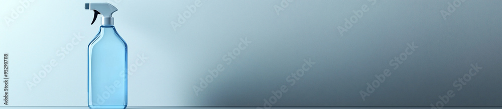 Fototapeta premium A light blue glass spray bottle stands on the table, in a close-up shot with a light background