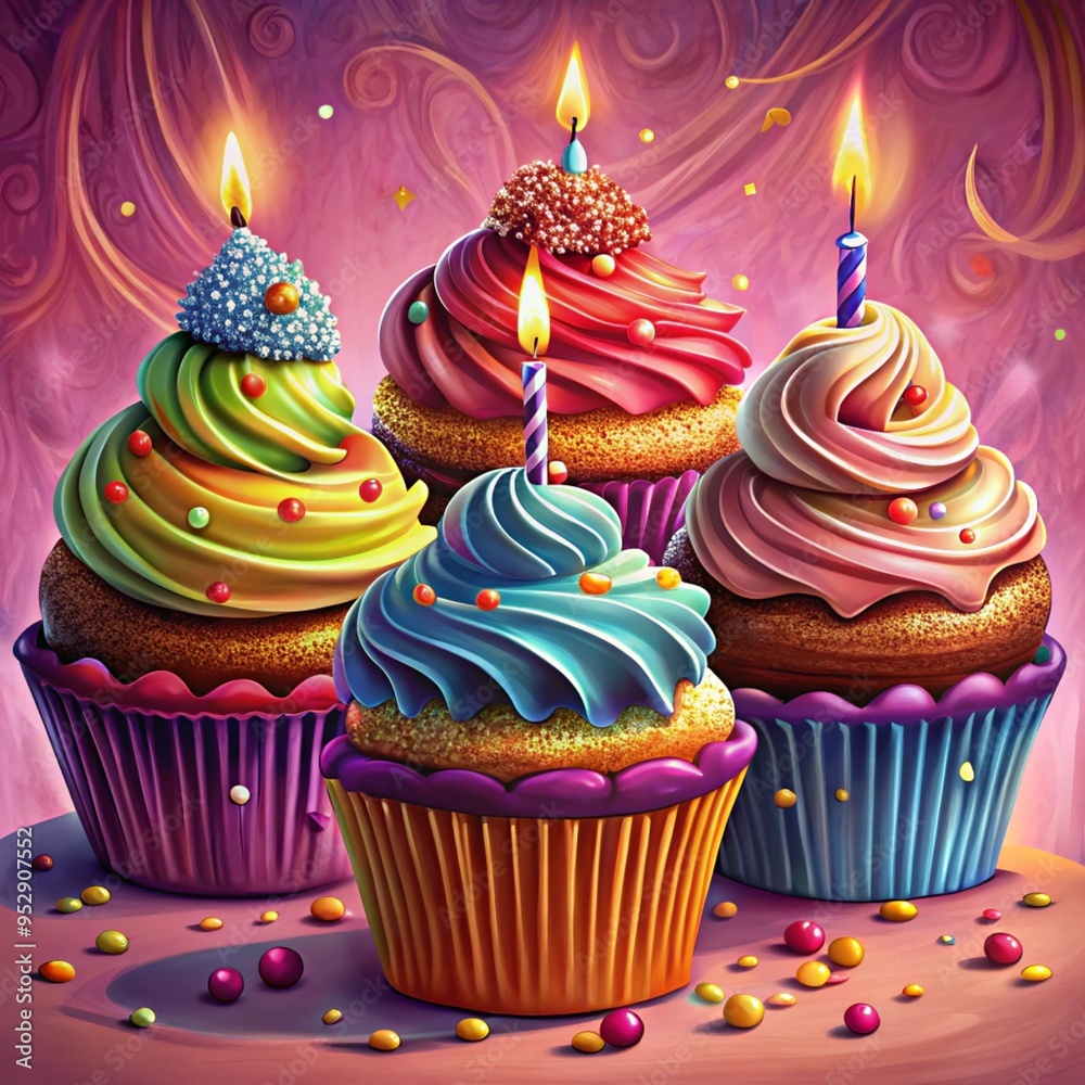 Delicious birthday cupcakes with burning candles and sprinkles on a pink background