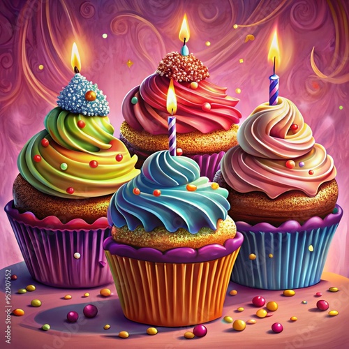 Obraz na płótnie Delicious birthday cupcakes with burning candles and sprinkles on a pink background w salonie