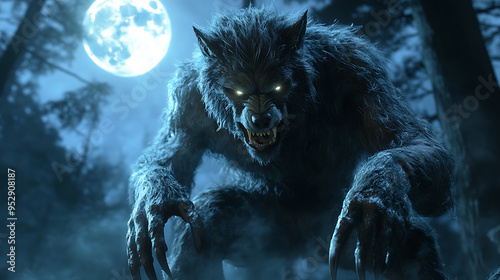 A large, glowing, wolf-like creature stands in the woods, looking at the camera