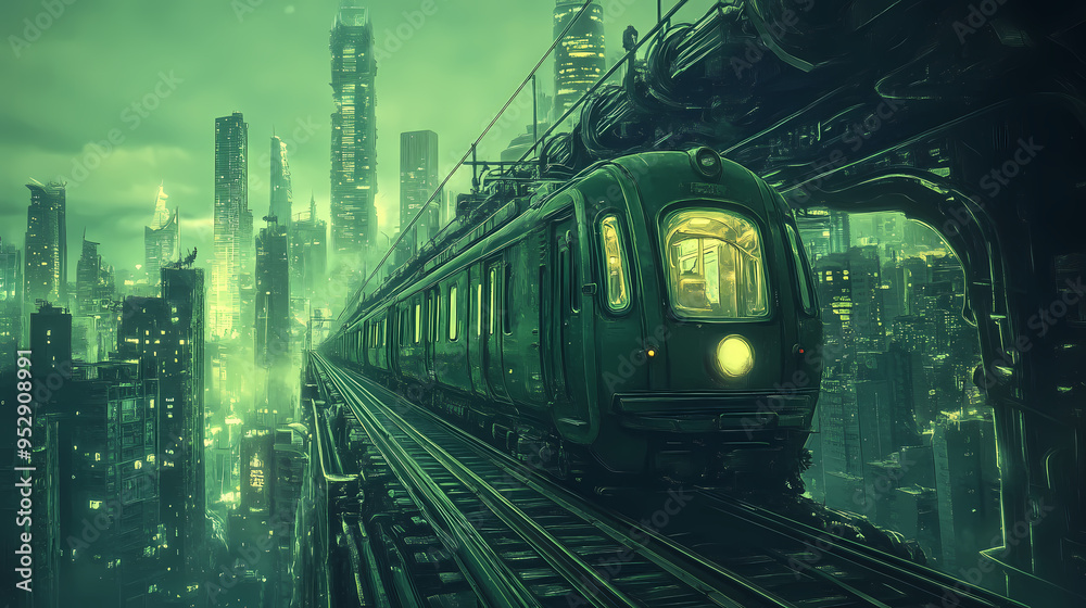Obraz premium Futuristic cyberpunk train traveling through a neon green metropolis. Sci-fi urban cityscape with elevated railway. Dystopian megacity with glowing skyscrapers.