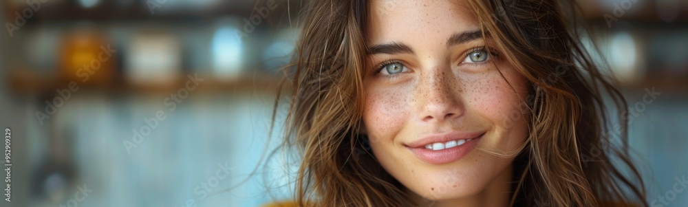 Smiling woman with freckles on her face and brown hair, portrait, banner, copy space Smiling woman with freckles on her face and brown hair, portrait, banner, copy space