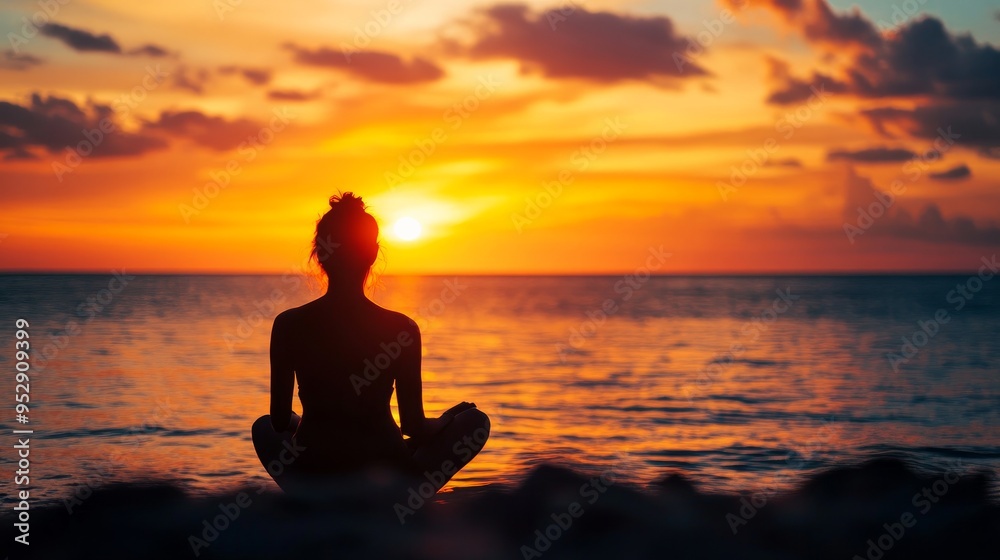 concept of wellbeing, silhouette of a person taking in a stunning sunset and an ocean view concept of wellbeing, silhouette of a person taking in a stunning sunset and an ocean view