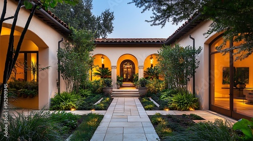 Stone Pathway Leading to a  Lighted  Entrance of a Mediterranean Home